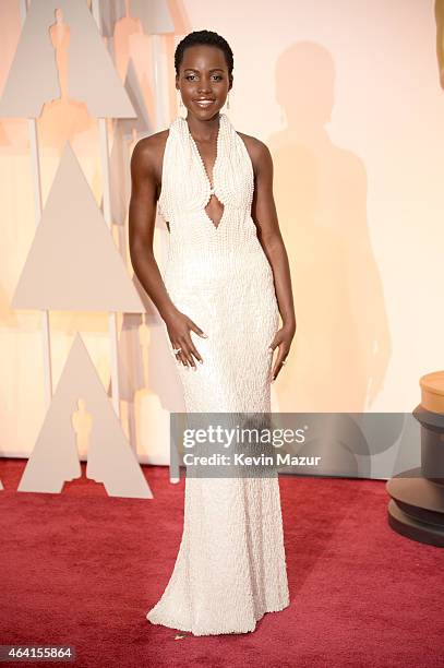 Actress Lupita Nyong'o arrives in Chopard to the 87th Annual Academy Awards at Hollywood & Highland Center on February 22, 2015 in Hollywood,...