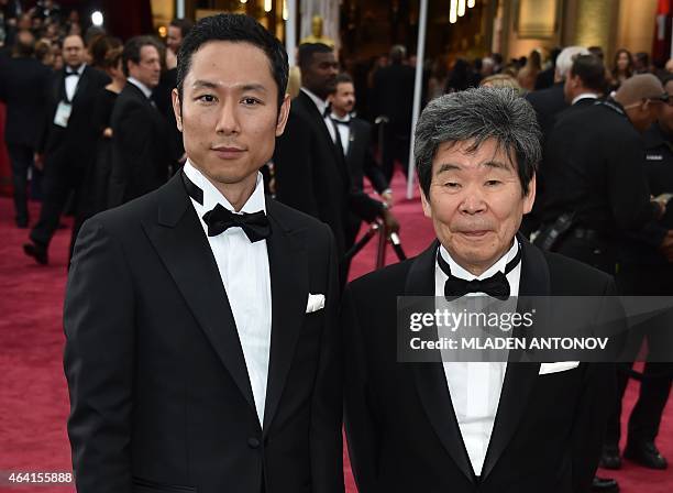 Nominees for Best Animated Feature Film "The Tale of the Princess Kaguya" Isao Takahata and Yoshiaki Nishimura arrive on the red carpet for the 87th...