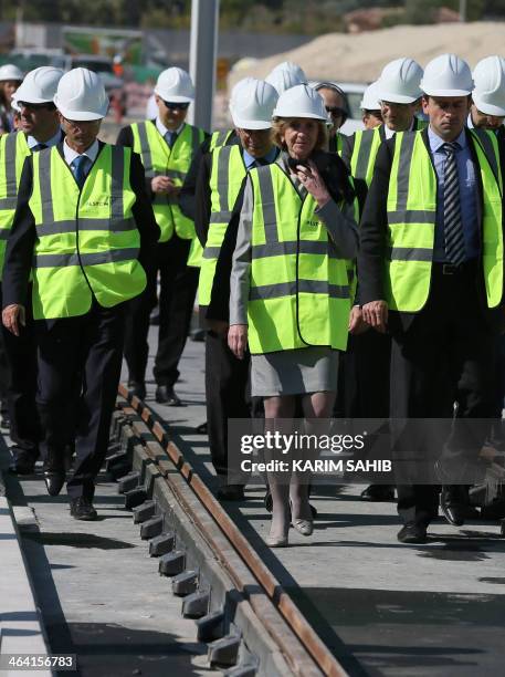 French Minister for Foreign Trade Nicole Bricq visits the construction site of the Dubai tramway project as the first tram was delivered by French...