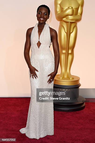 Actress Lupita Nyong'o arrives in Chopard to the 87th Annual Academy Awards at Hollywood & Highland Center on February 22, 2015 in Hollywood,...