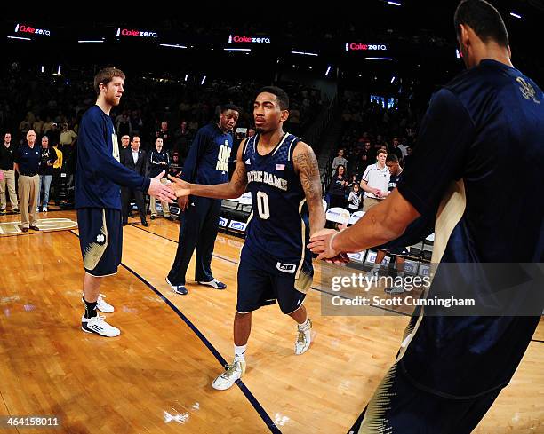 Eric Atkins of the Notre Dame Fighting Irish is introduced before the game against the Georgia Tech Yellow Jackets at McCamish Pavilion on January...