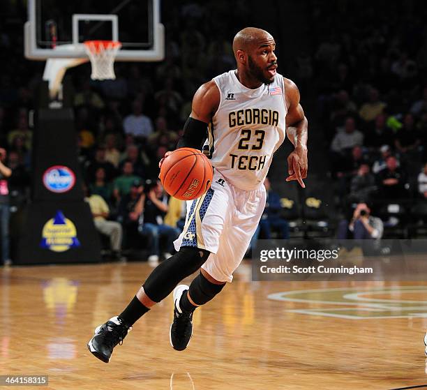 Trae Golden of the Georgia Tech Yellow Jackets drives against the Notre Dame Fighting Irish at McCamish Pavilion on January 11, 2014 in Atlanta,...