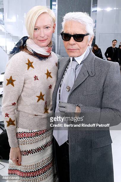 Actress Tilda Swinton and Fashion designer Karl Lagerfeld pose backstage after the Chanel show as part of Paris Fashion Week Haute Couture...