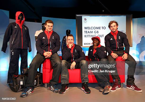 Craig Pickering, John Baines, Lamin Deen and Ben Simons pose during the Team GB Kitting Out ahead of Sochi Winter Olympics on January 21, 2014 in...