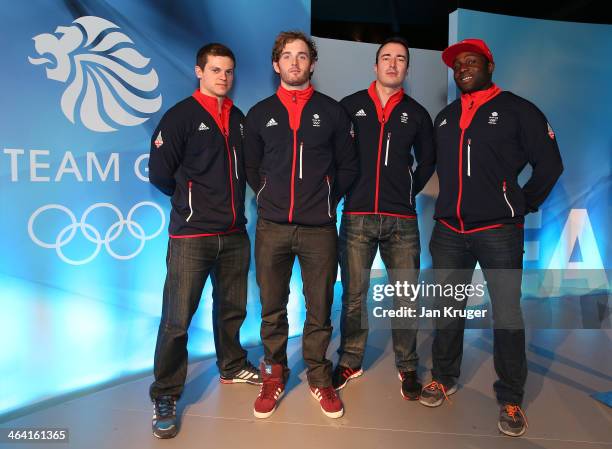 Craig Pickering, Ben Simons, John Baines and Lamin Deen pose during the Team GB Kitting Out ahead of Sochi Winter Olympics on January 21, 2014 in...