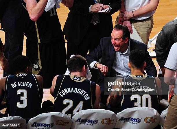 Head Coach Mike Brey of the Notre Dame Fighting Irish discusses a play during the game against the Georgia Tech Yellow Jackets at McCamish Pavilion...