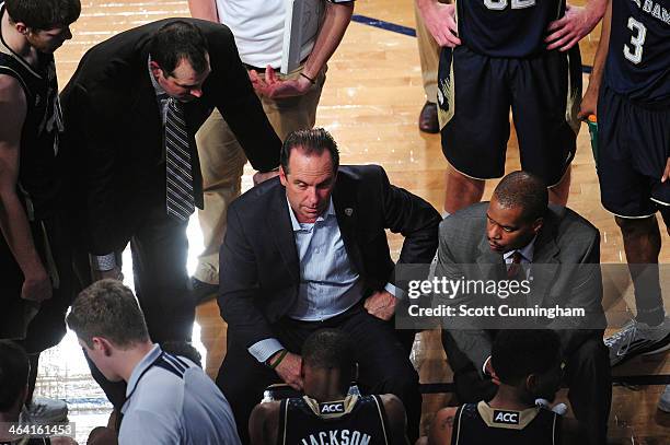 Head Coach Mike Brey of the Notre Dame Fighting Irish discusses a play during the game against the Georgia Tech Yellow Jackets at McCamish Pavilion...