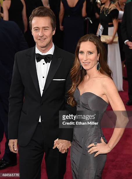 Actor Edward Norton and Shauna Robertson attend the 87th Annual Academy Awards at Hollywood & Highland Center on February 22, 2015 in Hollywood,...