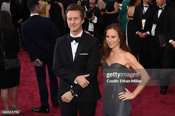 Actor Edward Norton and Shauna Robertson attend the 87th Annual Academy Awards at Hollywood & Highland Center on February 22, 2015 in Hollywood,...