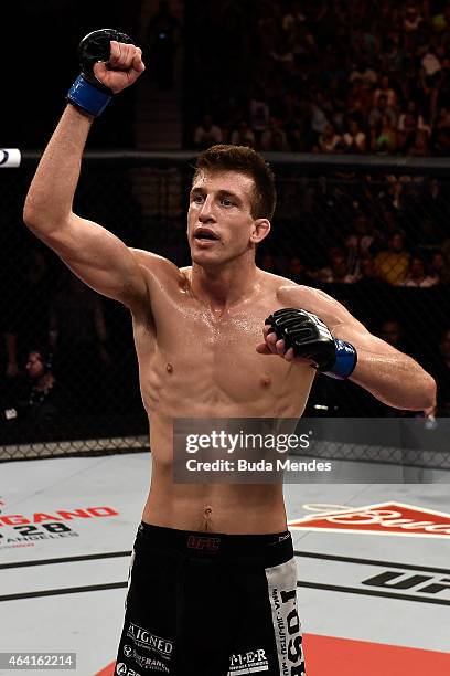 Matt Dwyer of United States celebrates after defeating William Macario of the Brazil in their welterweight bout during the UFC Fight Night at...