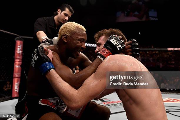 Matt Dwyer of United States greets William Macario of Brazil after won in their welterweight bout during the UFC Fight Night at Gigantinho Gymnasium...