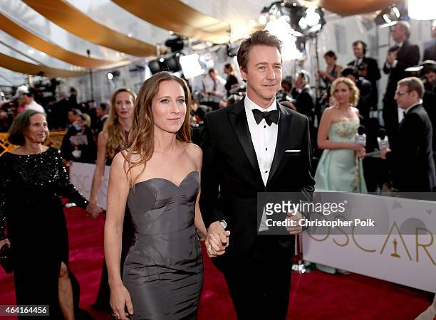 Actor Ed Norton and Shauna Robertson attend the 87th Annual Academy Awards at Hollywood & Highland Center on February 22, 2015 in Hollywood,...