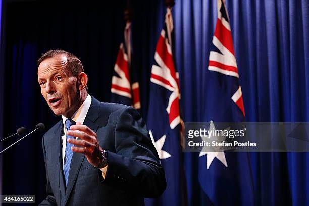 Prime Minister Tony Abbott during his speech on National Security at the Australian Federal Police headquarters on February 23, 2015 in Canberra,...