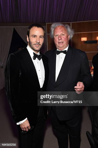 Fashion designer Tom Ford and Vanity Fair Editor-in-Chief Graydon Carter attend the 2015 Vanity Fair Oscar Party Viewing Dinner hosted by Graydon...