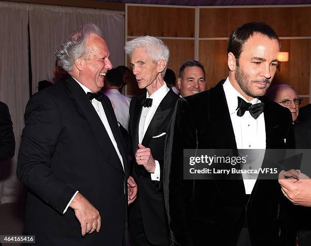 Vanity Fair Editor-in-Chief Graydon Carter, journalist Richard Buckley, and fashion designer Tom Ford attend the 2015 Vanity Fair Oscar Party Viewing...