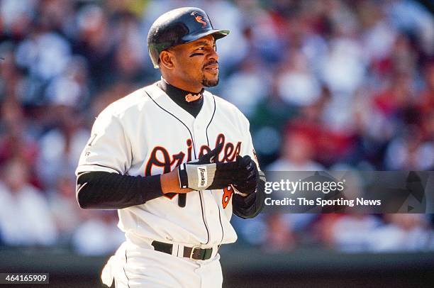 Albert Belle of the Baltimore Orioles bats during the game against the Oakland Athletics on April 25, 1999 at Oriole Park at Camden Yards in...