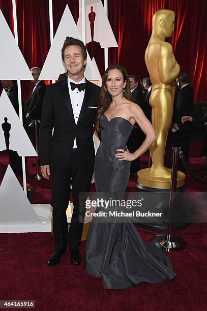 Actor Edward Norton and producer Shauna Robertson attend the 87th Annual Academy Awards at Hollywood & Highland Center on February 22, 2015 in...