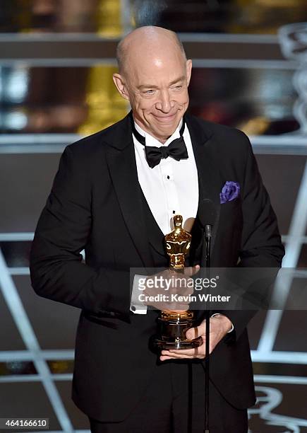 Actor J.K. Simmons accepts the Actor in a Supporting Role Award for "Whiplash" onstage during the 87th Annual Academy Awards at Dolby Theatre on...