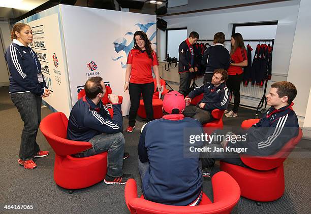 Craig Pickering, John Baines, Lamin Deen and Ben Simons of Great Britain relax during the Team GB Kitting Out ahead of Sochi Winter Olympics on...