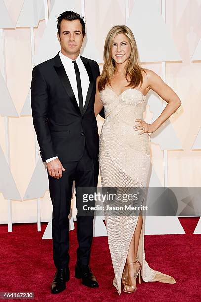 Actors Justin Theroux and Jennifer Aniston attend the 87th Annual Academy Awards at Hollywood & Highland Center on February 22, 2015 in Hollywood,...