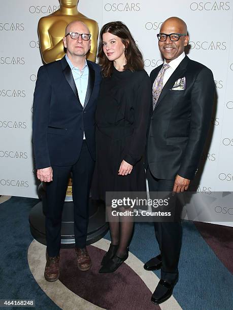 Director Steven Soderbergh, Jules Asner and Patrick Harrison attend the Academy Of Motion Picture Arts And Sciences 87th Oscars viewing party and...