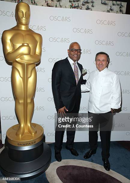 Patrick Harrison and chef Daniel Boulud attend the Academy Of Motion Picture Arts And Sciences 87th Oscars viewing party and dinner at Daniel on...