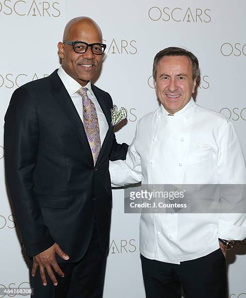 Patrick Harrison and chef Daniel Boulud attend the Academy Of Motion Picture Arts And Sciences 87th Oscars viewing party and dinner at Daniel on...