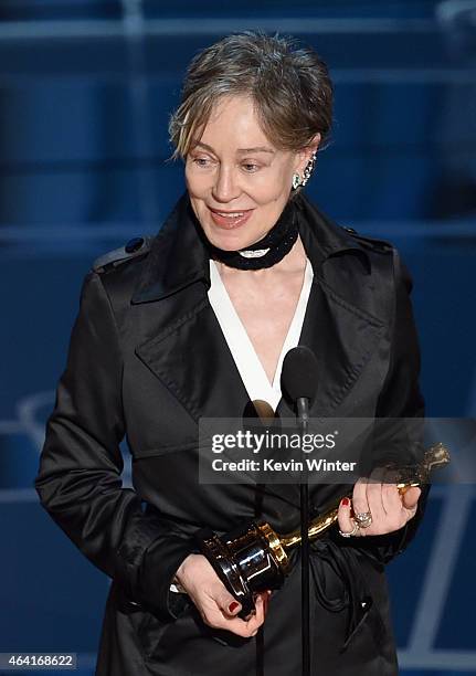 Costume designer Milena Canonero accepts the Costume Design Award for "The Grand Budapest Hotel" onstage during the 87th Annual Academy Awards at...