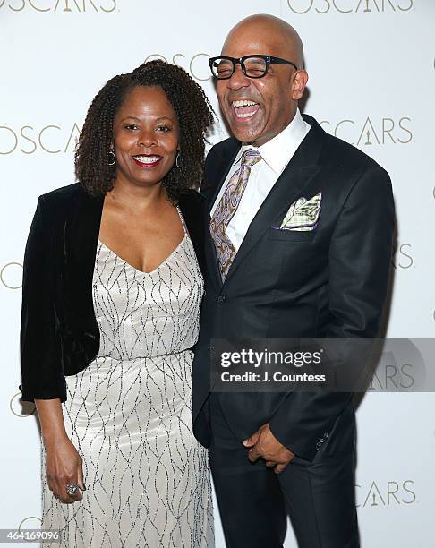 Tina Davis and Patrick Harrison attend the Academy Of Motion Picture Arts And Sciences 87th Oscars Viewing Party And Dinner at Daniel on February 22,...