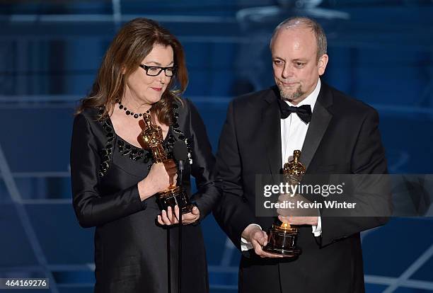 Frances Hannon and Mark Coulier accept the Best Makeup & Hairstyling Award for "The Grand Budapest Hotel" onstage during the 87th Annual Academy...