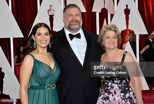 Actress America Ferrera, director Dean DeBlois and producer Bonnie Arnold attend the 87th Annual Academy Awards at Hollywood & Highland Center on...