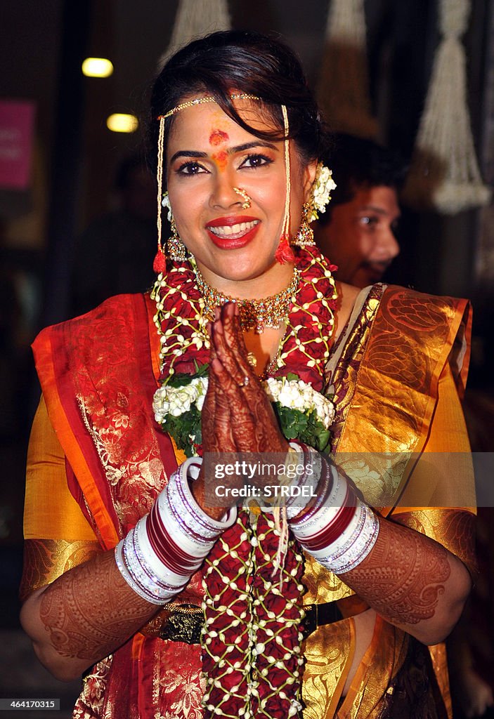 Bollywood Reddy Indian Bollywood actress Sameera Reddy poses during her wedding with ...