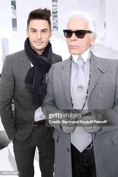 Baptiste Giabiconi and Fashion designer Karl Lagerfeld pose backstage after the Chanel show as part of Paris Fashion Week Haute Couture Spring/Summer...