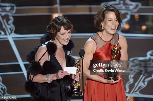 Producer Dana Perry and director Ellen Goosenberg Kent accept the Best Documentary Short Award for "Crisis Hotline; Veterans Press 1" onstage during...