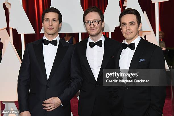 Actor/singers Andy Samberg, Jorma Taccone and Akiva Schaffer of The Lonely Island attend the 87th Annual Academy Awards at Hollywood & Highland...