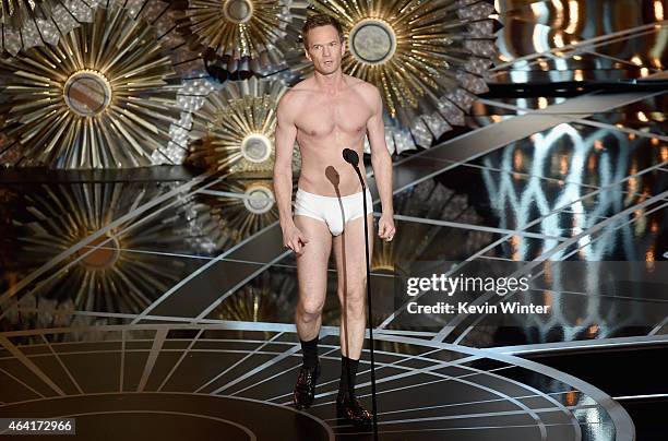 Host Neil Patrick Harris stands unclothed onstage during the 87th Annual Academy Awards at Dolby Theatre on February 22, 2015 in Hollywood,...