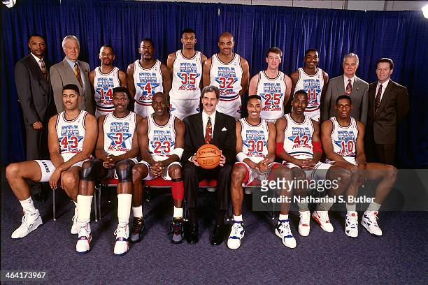 The Eastern Conference All-Stars pose for a team portrait during the 1992 All Star Game on February 9, 1992 at the Orlando Arena in Orlando, Florida....