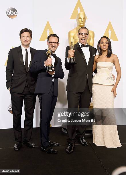 Actor Jason Bateman, Mat Kirkby and James Lucas winners of the Best Live Action Short Film Award for 'The Phone Call', and actress Kerry Washington...