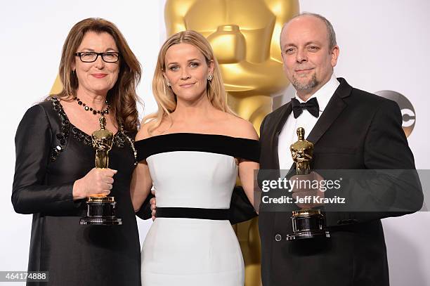 Frances Hannon and Mark Coulier, with the award for best make-up and hairstyling for film "The Grand Budapest Hotel", with actress Reese Witherspoon...