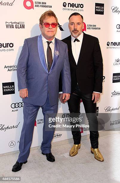 Sir Elton John and David Furnish arrive at the 23rd Annual Elton John AIDS Foundation Academy Awards viewing party at The City of West Hollywood Park...