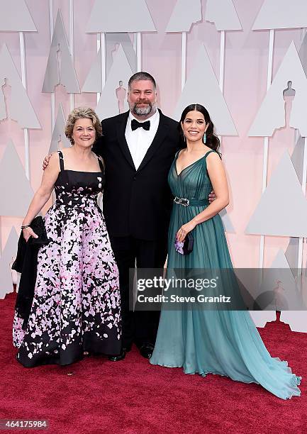 Producer Bonnie Arnold, writer Dean DeBlois and actress America Ferrera attend the 87th Annual Academy Awards at Hollywood & Highland Center on...