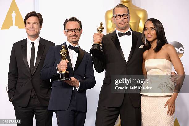 Actor Jason Bateman, James Lucas and Mat Kirby, with the award for best live action short film for "The Phone Call", and actress Kerry Washington...