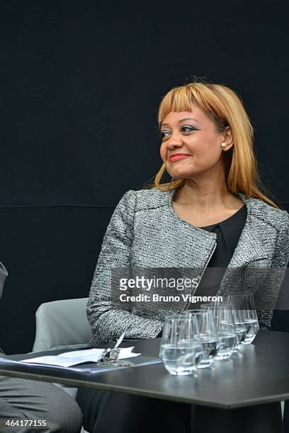 Odile Belinga speaks to the media during the March 2014 mayoral elections press conference on January 21, 2014 in Lyon, France.