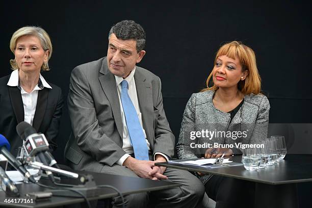 Myriam Picot, Thierry Philip and Odile Belinga speak to the media during the March 2014 mayoral elections press conference on January 21, 2014 in...