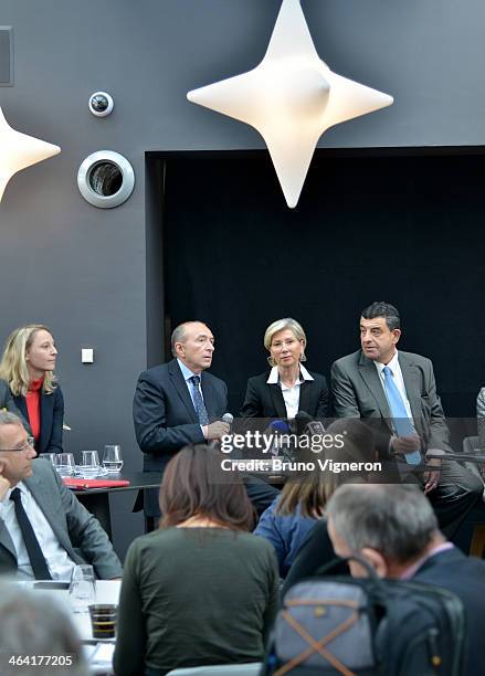 Elvire Servien, Gerard Collomb, Myriam Picot and Thierry Philip speak to the media during the March 2014 mayoral elections press conference on...