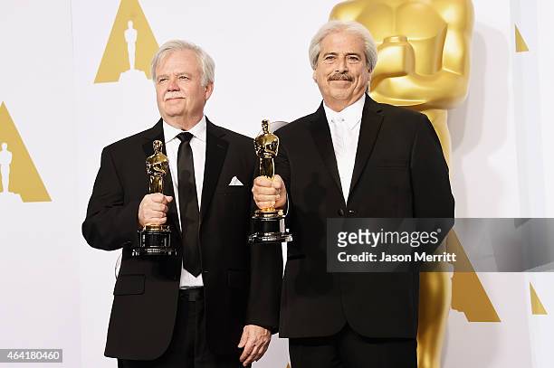 Bub Asman and Alan Robert Murray winners of the Best Sound Editing Award for 'American Sniper' poses in the press room during the 87th Annual Academy...