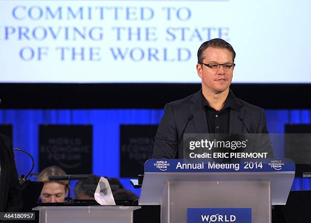 Actor and co-founder of Water.org, Matt Damon, addresses the audience prior to receive a World Economic Forum's Crystal Award during a ceremony on...