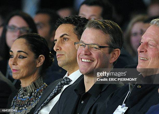 Actor and co-founder of Water.org Matt Damon , flanked other winners, Iranian-American artist Shirin Neshat and Peruvian tenor Juan Diego Florez ,...