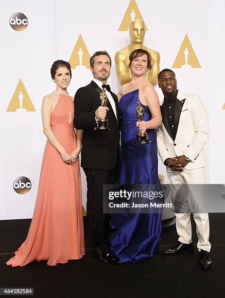 Actress Anna Kendrick, Patrick Osborne, Kristina Reed winners of the Best Animated Short Film Award for 'Feast', and actor Kevin Hart pose in the...