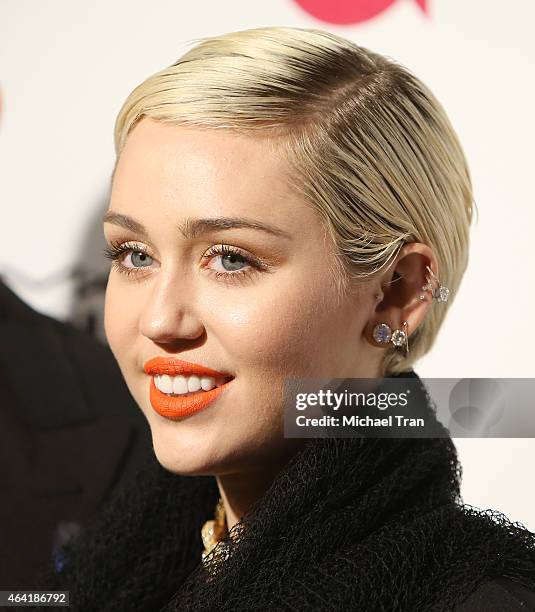 Miley Cyrus arrives at the 23rd Annual Elton John AIDS Foundation Academy Awards viewing party held at The City of West Hollywood Park on February...